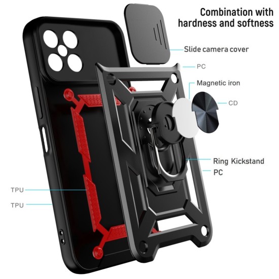Armor PC / TPU Hybrid Back Cover with Ring and Camera Slide priekš Huawei Honor X8 - Melns - triecienizturīgs silikona aizmugures apvalks ar kameras aizsargmehānismu / bampers-vāciņš