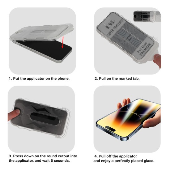 Easy-Stick Box Full Glue Tempered Glass screen protector priekš Apple iPhone 13 / 13 Pro / 14 - Melns - Ekrāna Aizsargstikls / Bruņota Stikla Aizsargplēve