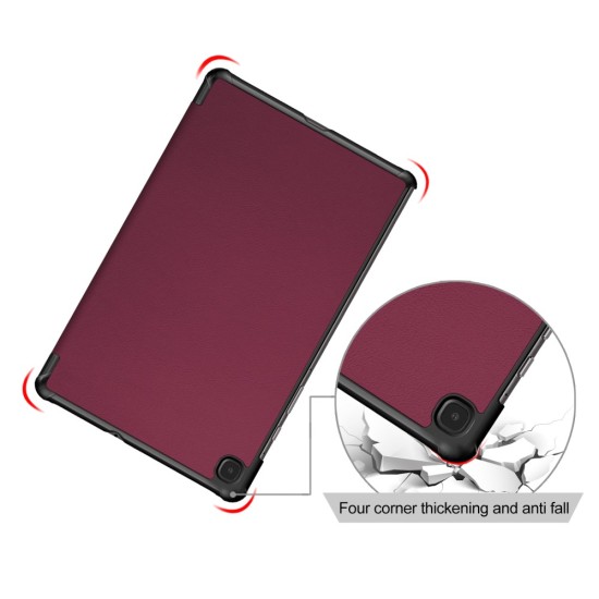 Tri-fold Stand PU Smart Auto Wake/Sleep Leather Case priekš Samsung Galaxy Tab S6 Lite P610 / P613 / P615 / P619 - Bordo - sāniski atverams maciņš ar stendu