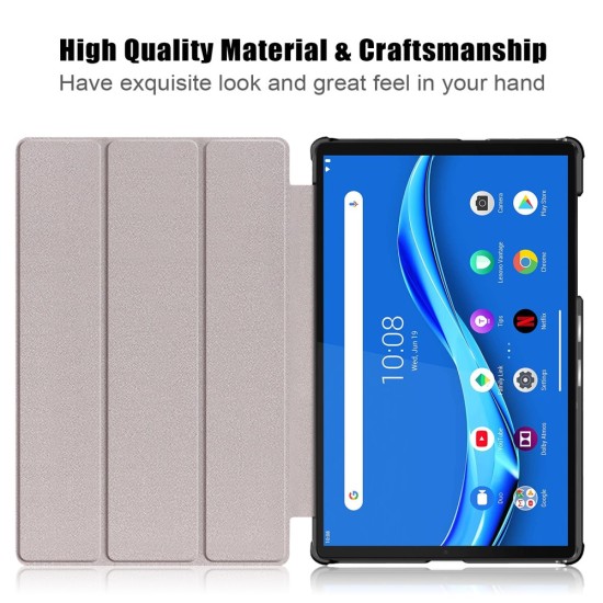 Tri-fold Stand PU Smart Auto Wake/Sleep Leather Case priekš Lenovo Tab M10 HD X306 - Melns - sāniski atverams maciņš ar stendu