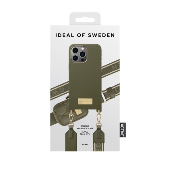 iDeal of Sweden Athena Necklace AG22 Back Case priekš Apple iPhone 13 Pro - Khaki - mākslīgās ādas aizmugures apvalks ar siksniņu un Airpods somiņu / bampers-vāciņš