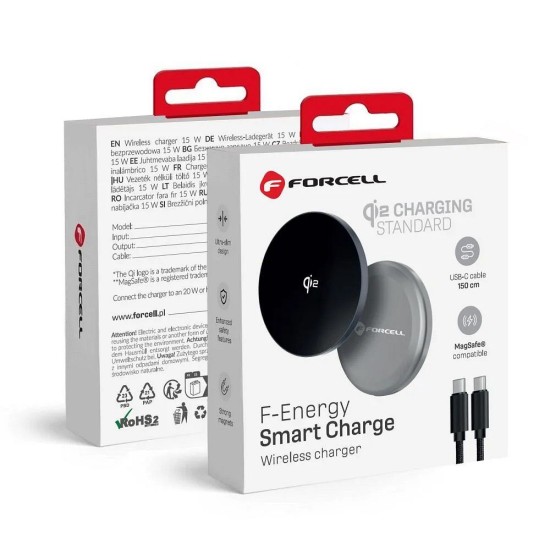 Forcell F-Energy Smart Charge Qi2 15W Wireless Charger with MagSafe with Type-C Cable 1.5M - Melns - Ātrs induktīvs bezvadu USB-C lādētājs paliktnis