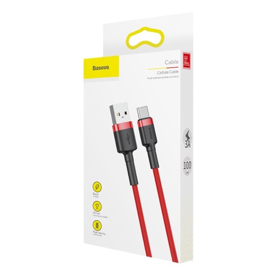 Baseus 1M Cafule 3A USB to Type-C cable - Sarkans - USB-C lādēšanas un datu kabelis / vads