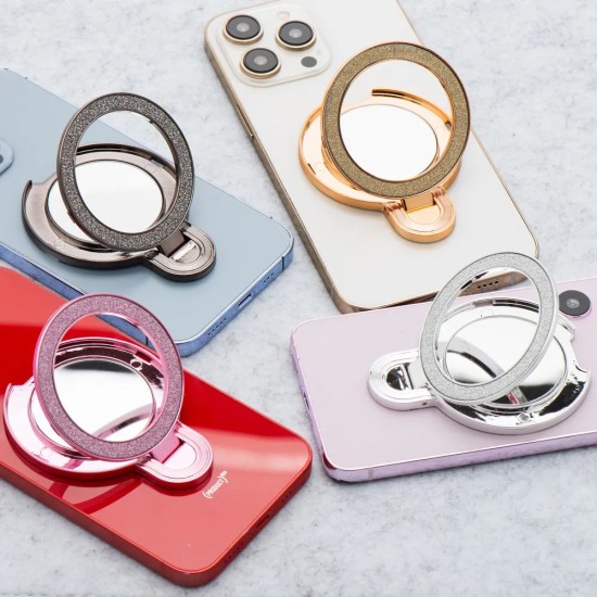 Circle Mirror Stick-on Ring Holder - Rozā - Universālais gredzens-turētājs telefonam ar spoguli