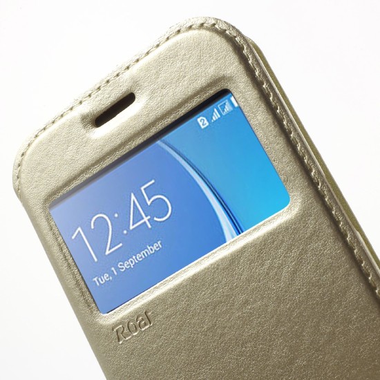 RoarKorea Noble View Samsung Galaxy J1 J120 (2016) - Zelts - sāniski atverams maciņš ar stendu un lodziņu (ādas maks, grāmatiņa, leather book wallet case cover stand)