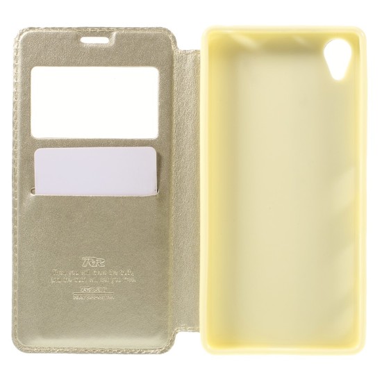 RoarKorea Noble View Sony Xperia X F5121 / F5122 - Zelts - sāniski atverams maciņš ar stendu un lodziņu (ādas maks, grāmatiņa, leather book wallet case cover stand)
