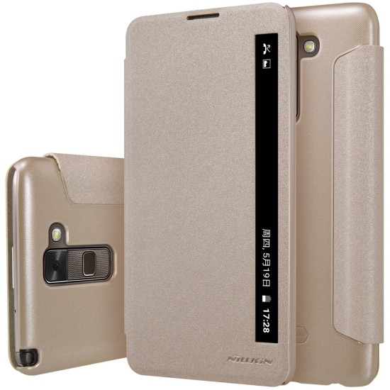 NILLKIN Sparkle Series Smart View Leather Shell for LG Stylus 2 K520 - Gold - sāniski atverams maciņš ar lodziņu (ādas maks, grāmatiņa, leather book wallet case cover)