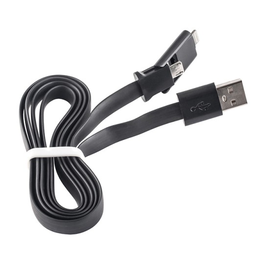 Forever 1M 2in1 Flat Silicone USB to Lightning / Micro USB cable - Melns - universāls lādēšanas un datu kabelis / vads