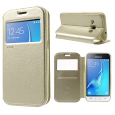 RoarKorea Noble View Samsung Galaxy J1 J120 (2016) - Zelts - sāniski atverams maciņš ar stendu un lodziņu (ādas maks, grāmatiņa, leather book wallet case cover stand)
