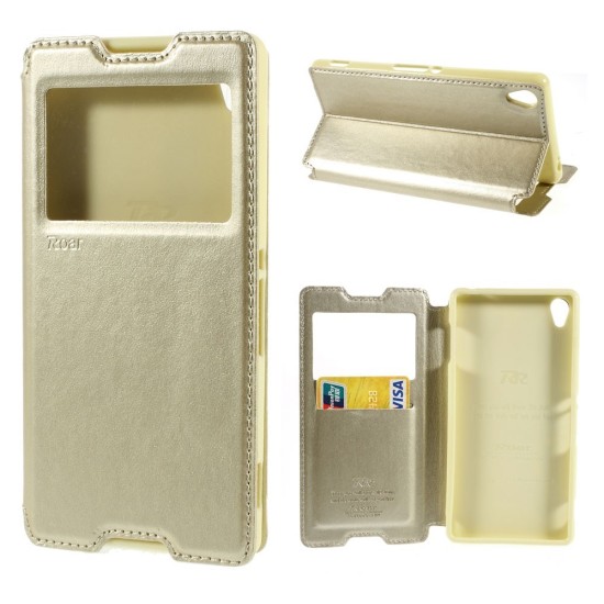 RoarKorea Noble View priekš Sony Xperia Z3 Plus E6553 / Z4 Wake/Sleep - Zelts - sāniski atverams maciņš ar stendu un lodziņu (ādas maks, grāmatiņa, leather book wallet case cover stand)