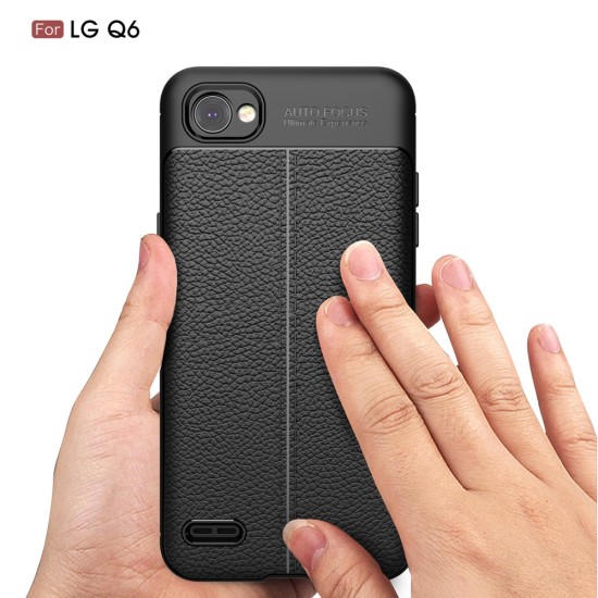 Litchi Skin PU Leather Coated TPU Mobile Phone Case for LG Q6 M700 - Black - ādas imitācijas triecienizturīgs silikona aizmugures apvalks (maciņš, bampers, vāciņš, slim cover, bumper, back case)