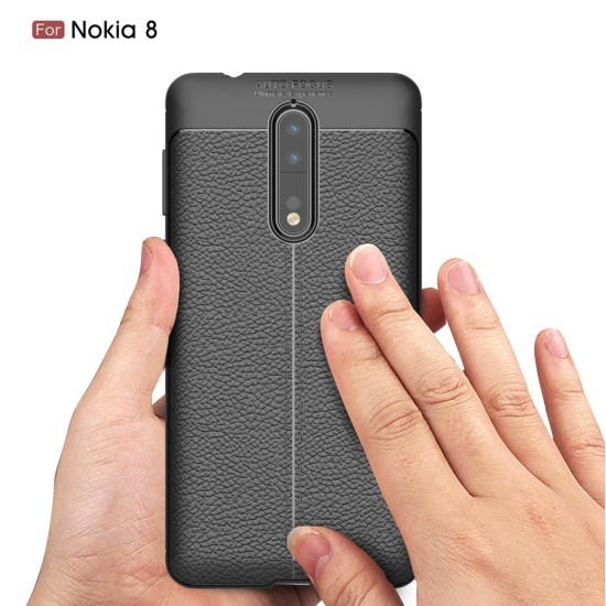 Litchi Skin PU Leather Coated TPU Mobile Phone Case priekš Nokia 8 - Melns - ādas imitācijas triecienizturīgs silikona aizmugures apvalks (maciņš, bampers, vāciņš, slim cover, bumper, back case)