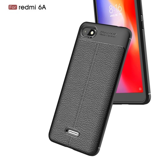 Litchi Skin PU Leather Coated TPU Mobile Phone Case priekš Xiaomi Redmi 6A - Melns - ādas imitācijas triecienizturīgs silikona aizmugures apvalks (maciņš, bampers, vāciņš, slim cover, bumper, back case)