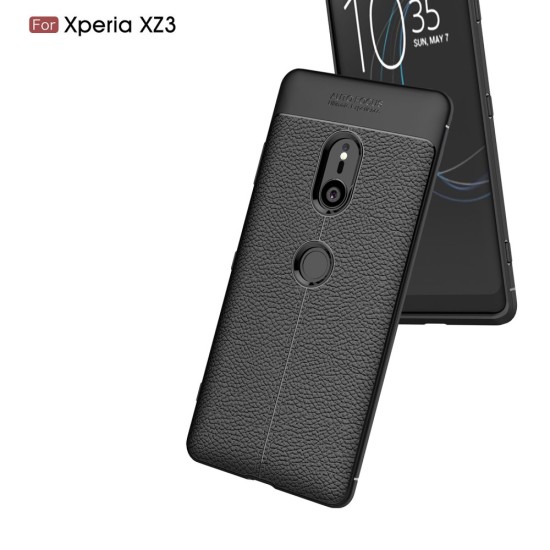 Litchi Skin PU Leather Coated TPU Mobile Phone Case priekš Sony Xperia XZ3 H9436 - Melns - ādas imitācijas triecienizturīgs silikona aizmugures apvalks (maciņš, bampers, vāciņš, slim cover, bumper, back case)