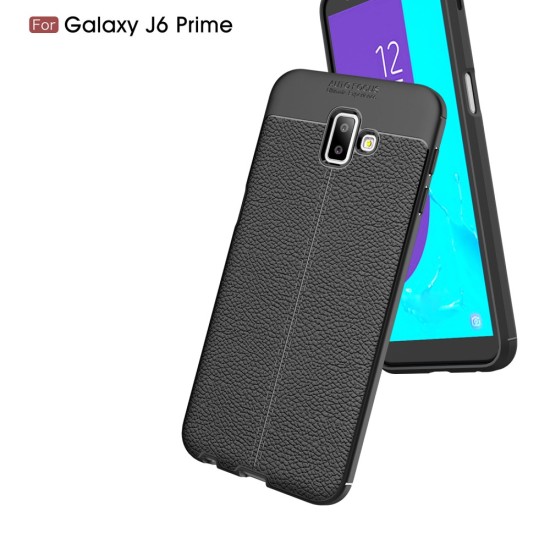 Litchi Skin PU Leather Coated TPU Mobile Phone Case for Samsung Galaxy J6 Plus (2018) J610 - Melns - ādas imitācijas triecienizturīgs silikona aizmugures apvalks (maciņš, bampers, vāciņš, slim cover, bumper, back case)