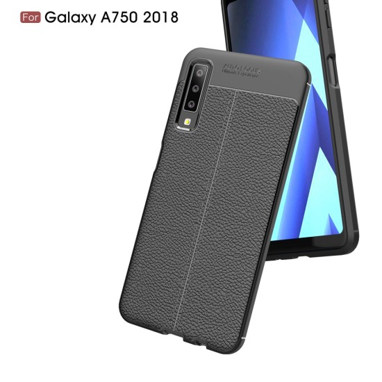 Litchi Skin PU Leather Coated TPU Mobile Phone Case for Samsung Galaxy A7 (2018) A750 - Melns - ādas imitācijas triecienizturīgs silikona aizmugures apvalks (maciņš, bampers, vāciņš, slim cover, bumper, back case)