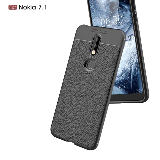 Litchi Skin PU Leather Coated TPU Mobile Phone Case priekš Nokia 7.1 (2018) - Melns - ādas imitācijas triecienizturīgs silikona aizmugures apvalks (maciņš, bampers, vāciņš, slim cover, bumper, back case)