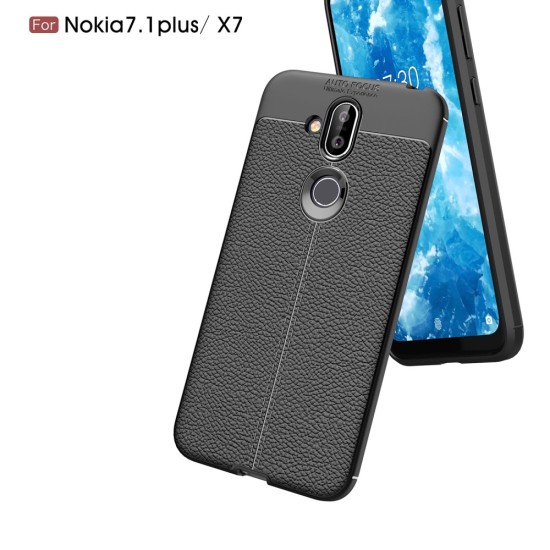 Litchi Skin PU Leather Coated TPU Mobile Phone Case priekš Nokia 8.1 (2018) - Melns - ādas imitācijas triecienizturīgs silikona aizmugures apvalks (maciņš, bampers, vāciņš, slim cover, bumper, back case)