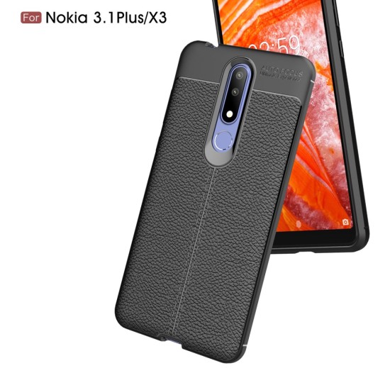 Litchi Skin PU Leather Coated TPU Mobile Phone Case priekš Nokia 3.1 Plus - Melns - ādas imitācijas triecienizturīgs silikona aizmugures apvalks (maciņš, bampers, vāciņš, slim cover, bumper, back case)