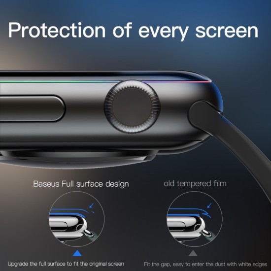 Baseus 0.23mm 9H Full Size Curved PET Tempered Glass protector priekš Apple Watch Series 1 / 2 / 3 (38mm) - Melns - Ekrāna Aizsargstikls / Bruņota Stikla Aizsargplēve (Full screen size curved)