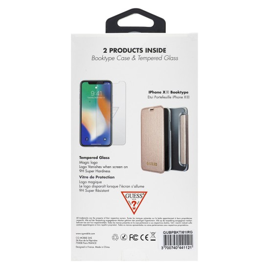 Guess Bundle GUBPBKTI61IRG Leather Book Case Iridescent series / Tempered Glass priekš Apple iPhone XR - Rozā Zelts - sāniski atverams maciņš un aizsardzības stikls komplektā