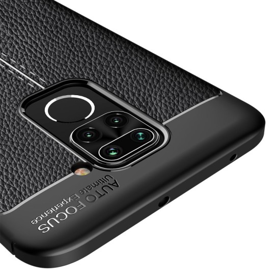 Litchi Skin PU Leather Coated TPU Mobile Phone Case priekš Xiaomi Redmi Note 9 - Melns - ādas imitācijas triecienizturīgs silikona aizmugures apvalks (maciņš, bampers, vāciņš, slim cover, bumper, back case)