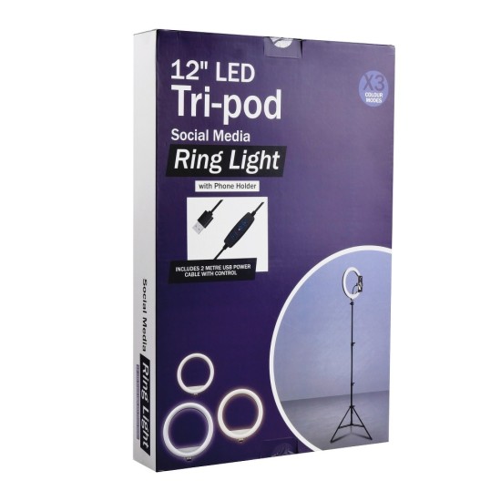 LED Ring Lamp 12 inch Tri-Pod 185 cm / USB Cable with Remote Control - Melns - Riņķa lampa, dienas gaismas statīvs