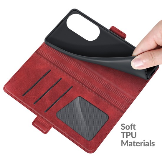 Magnetic Double Clasp PU Leather Book Case priekš Huawei P50 Pro - Sarkans - sāniski atverams maciņš ar magnētu un stendu