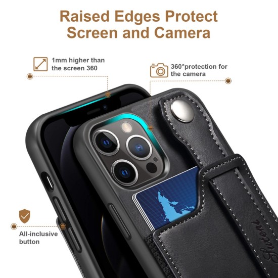 Suteni Impact Buffer PU Leather Back Case with Card Slot and Kickstand priekš Apple iPhone 12 / 12 Pro - Melns - mākslīgās ādas aizmugures apvalks ar kabatiņu un statīvu / bampers-vāciņš