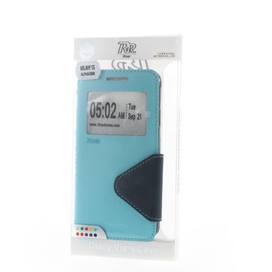 RoarKorea Fancy Diary View Samsung Galaxy Alpha G850 - Gaiši Zils - sāniski atverams maciņš ar stendu un lodziņu (ādas maks, grāmatiņa, leather book wallet case cover stand)