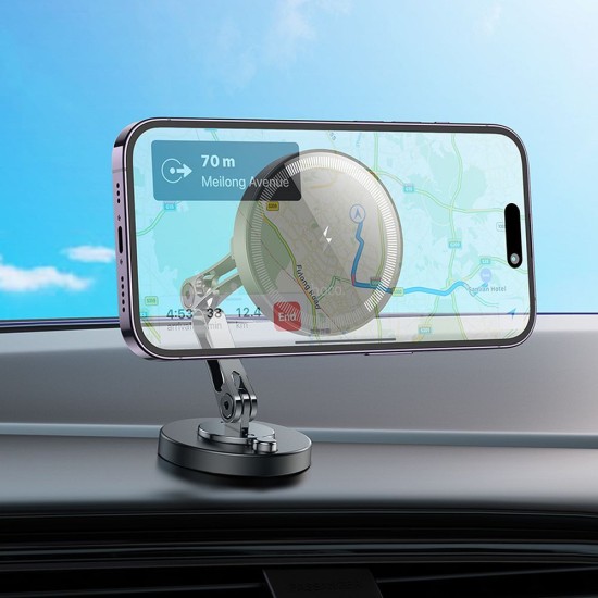 Hoco MagSafe 15W Wireles QI Charger Center Console Car Holder - Melns - Stiprinājums turētājs auto paneļa ar iebūvētu bezvadu lādētāju