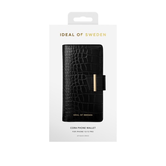 iDeal of Sweden Cora SS22 Wallet Case priekš Apple iPhone 12 / 12 Pro - Jet Black Croco - mākslīgās ādas sāniski atverams maciņš ar bamperu uz magnēta