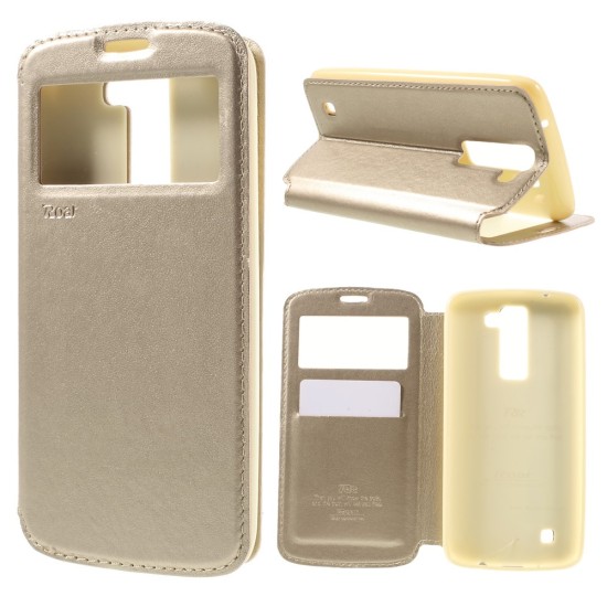 RoarKorea Noble View для LG K10 K420 / K430 - Золотой - чехол-книжка с окошком и стендом / подставкой (кожаный чехол книжка, leather book wallet case cover stand)