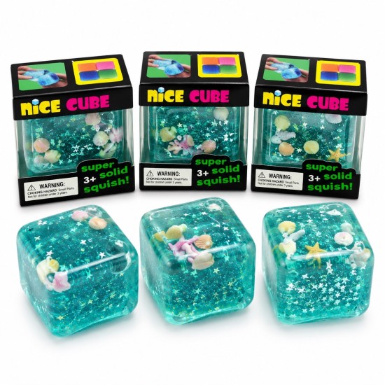 Ocean Glitter Squishy Cube – Sea Shell Sensory Toy - Antistresa rotaļlieta / mīksts marmora skvīša kubs