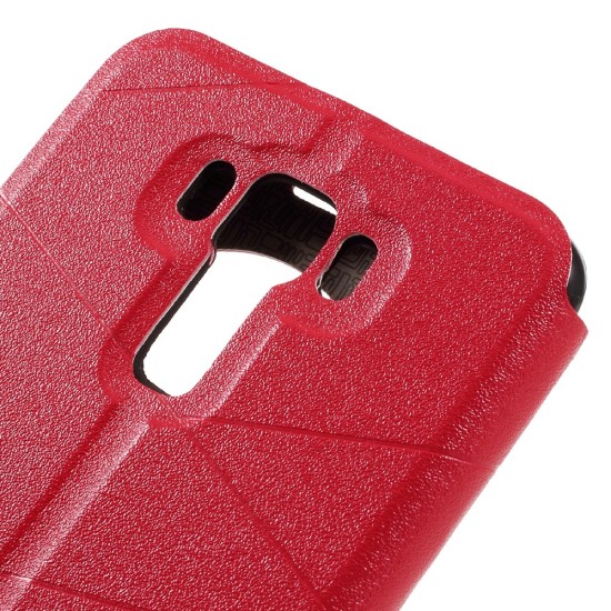 Sand-like Smart Leather Cover for Asus Zenfone 3 Laser ZC551KL with View Window - Red - sāniski atverams maciņš ar stendu un lodziņu (ādas maks, grāmatiņa, leather book wallet case cover stand)