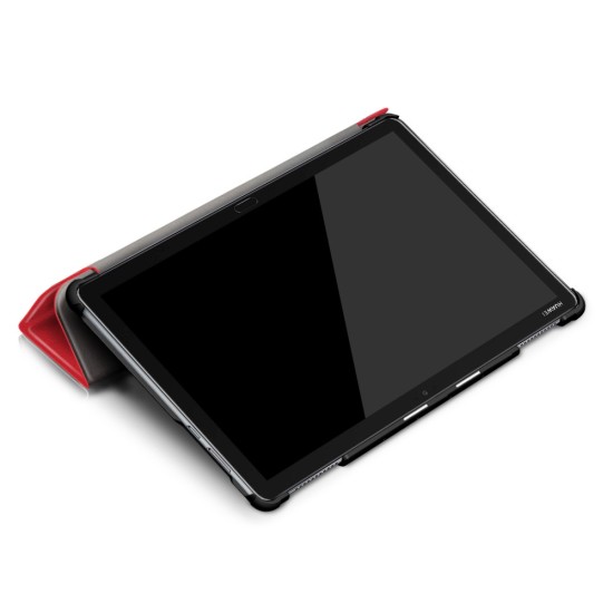 Tri-fold Stand PU Smart Auto Wake/Sleep Leather Case priekš Huawei MediaPad M5 Lite 10.1 - Sarkans - sāniski atverams maciņš ar stendu