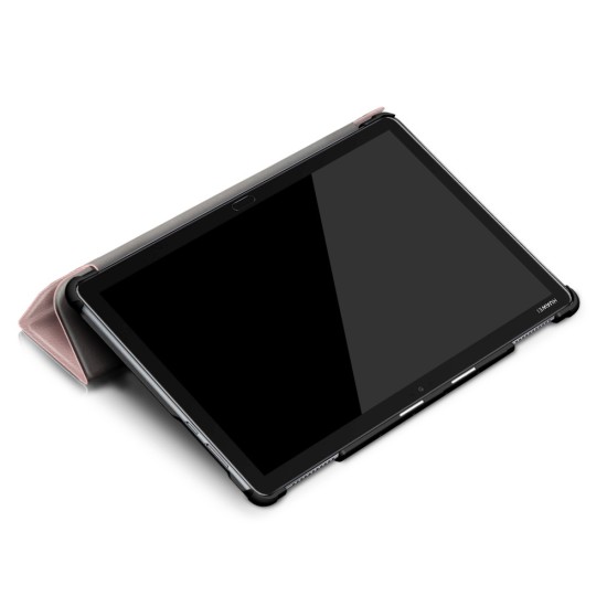 Tri-fold Stand PU Smart Auto Wake/Sleep Leather Case priekš Huawei MediaPad M5 Lite 10.1 - Rozā Zelts - sāniski atverams maciņš ar stendu