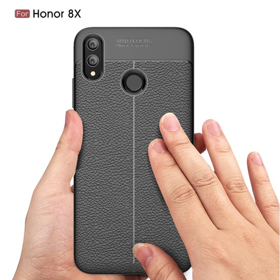 Litchi Skin PU Leather Coated TPU Mobile Phone Case priekš Huawei Honor 8X - Melns - ādas imitācijas triecienizturīgs silikona aizmugures apvalks (maciņš, bampers, vāciņš, slim cover, bumper, back case)