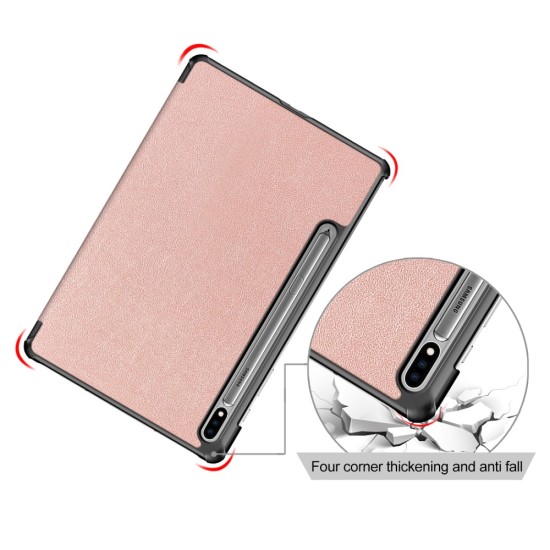 Tri-fold Stand PU Smart Auto Wake/Sleep Leather Case priekš Samsung Galaxy Tab S7 T870 / T875 / Tab S8 X700 / X706 - Rozā Zelts - sāniski atverams maciņš ar stendu
