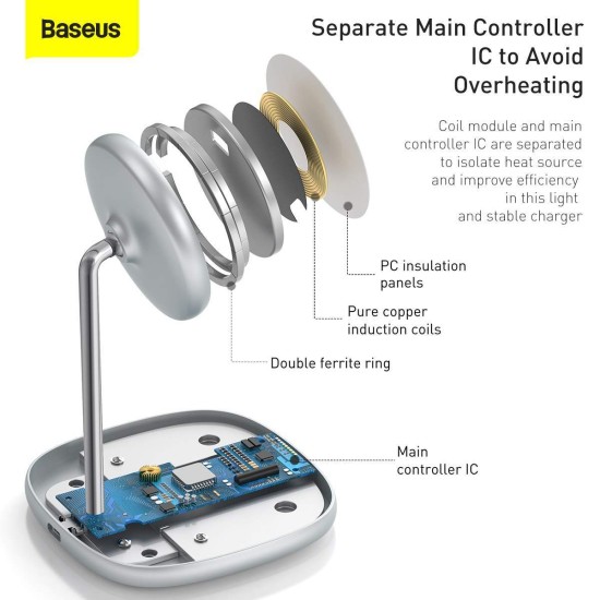 Baseus WXSW-02 Swan MagSafe Wireless QI Charger 15W with USB Type-C Cable - Balts - magnētisks bezvadu USB lādētājs