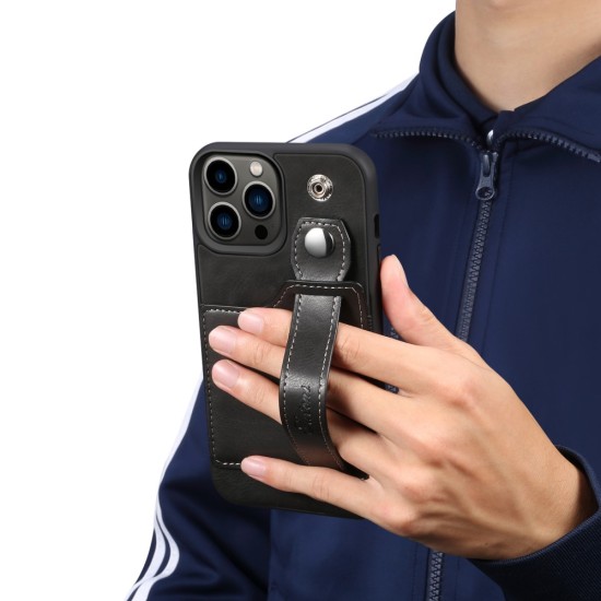 Suteni Impact Buffer PU Leather Back Case with Card Slot and Kickstand priekš Apple iPhone 13 Pro Max - Melns - mākslīgās ādas aizmugures apvalks ar kabatiņu un statīvu / bampers-vāciņš
