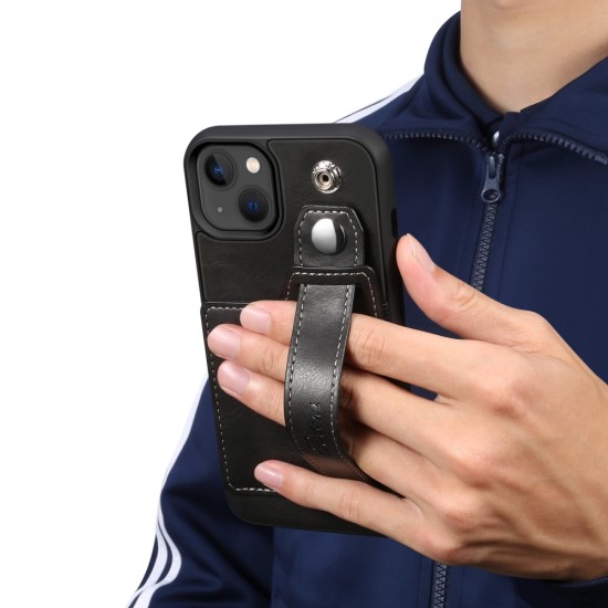 Suteni Impact Buffer PU Leather Back Case with Card Slot and Kickstand priekš Apple iPhone 14 - Melns - mākslīgās ādas aizmugures apvalks ar kabatiņu un statīvu / bampers-vāciņš