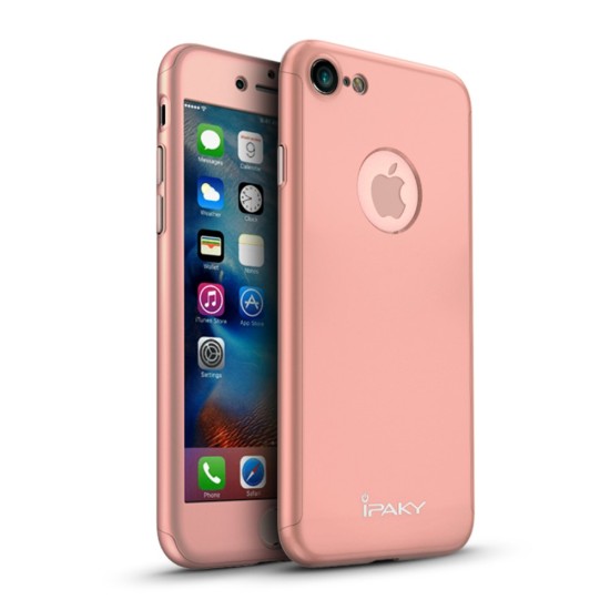 IPAKY Full Protection Hard Cover with Glass priekš Apple iPhone 7 - Rozā Zelts (ar izgriezumu) - plastikas aizmugures apvalks ar aizsardzības stiklu / bampers-vāciņš