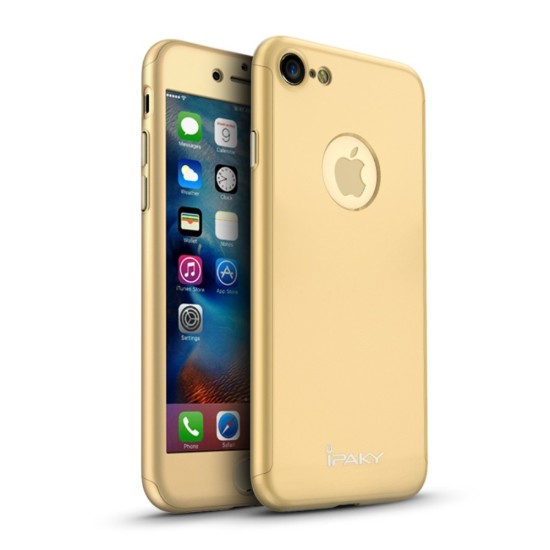 IPAKY Full Protection Hard Cover with Glass priekš Apple iPhone 7 - Zelts (ar izgriezumu) - plastikas aizmugures apvalks ar aizsardzības stiklu / bampers-vāciņš