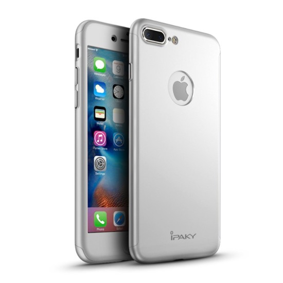 IPAKY Full Protection Hard Cover with Glass (Logo Cutout) priekš Apple iPhone 7 Plus - Sudrabains - plastikas aizmugures apvalks ar aizsardzības stiklu (bampers, vāciņš, PU back cover, bumper shell)