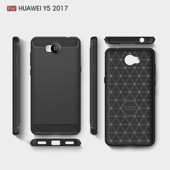 Carbon Fiber Brushed TPU Frosted Phone Case for Huawei Y6 (2017) - Black - triecienizturīgs silikona aizmugures apvalks (bampers, vāciņš, slim TPU silicone case shell cover, bumper)