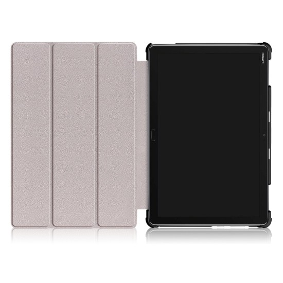 Tri-fold Stand PU Smart Auto Wake/Sleep Leather Case priekš Huawei MediaPad M5 Lite 10.1 - Melns - sāniski atverams maciņš ar stendu