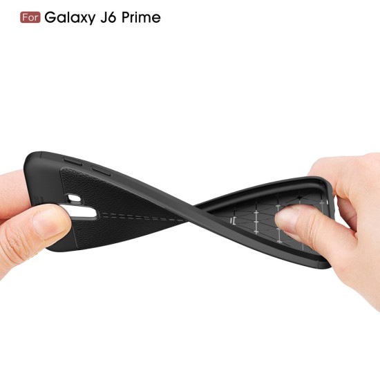 Litchi Skin PU Leather Coated TPU Mobile Phone Case for Samsung Galaxy J6 Plus (2018) J610 - Melns - ādas imitācijas triecienizturīgs silikona aizmugures apvalks (maciņš, bampers, vāciņš, slim cover, bumper, back case)