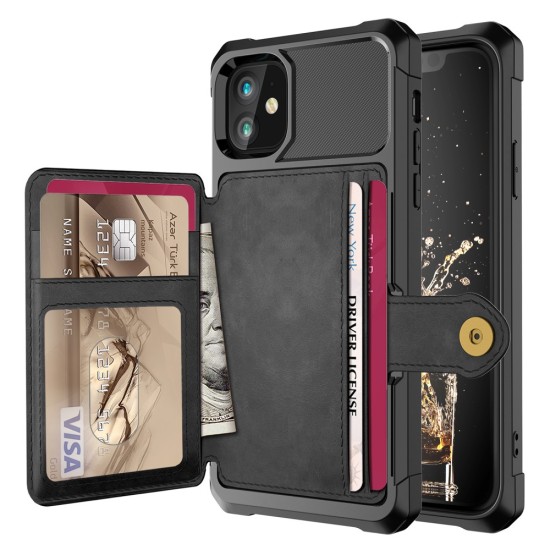 Leather Coated TPU Back Case with Card Holder Built-in Magnetic Sheet priekš Apple iPhone 12 / 12 Pro - Melns - silikona aizmugures apvalks ar kabatiņu un iebūvētu magnētu / bampers-vāciņš
