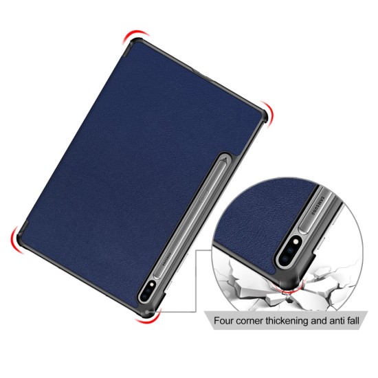 Tri-fold Stand PU Smart Auto Wake/Sleep Leather Case priekš Samsung Galaxy Tab S7 T870 / T875 / Tab S8 X700 / X706 - Tumši Zils - sāniski atverams maciņš ar stendu